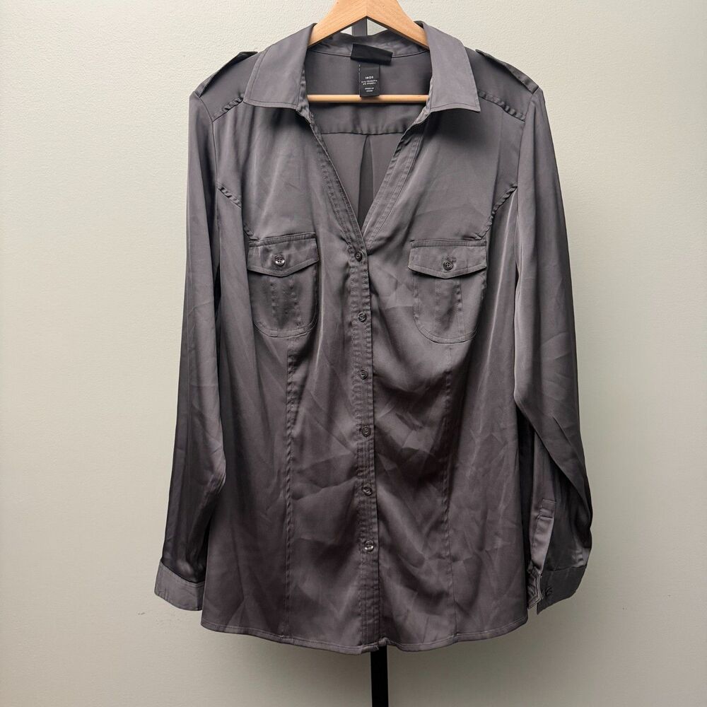 Lane Bryant Womens 18/20 Gray Satin Utility Button Front Blouse Plus Size EUC